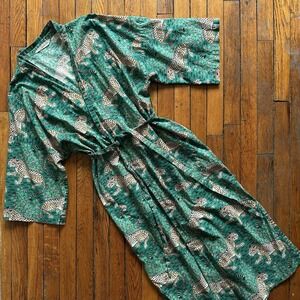 Print Fresh Bagheera Long Robe Sleepwear Cotton Women S/M Leopard Jaguar Green